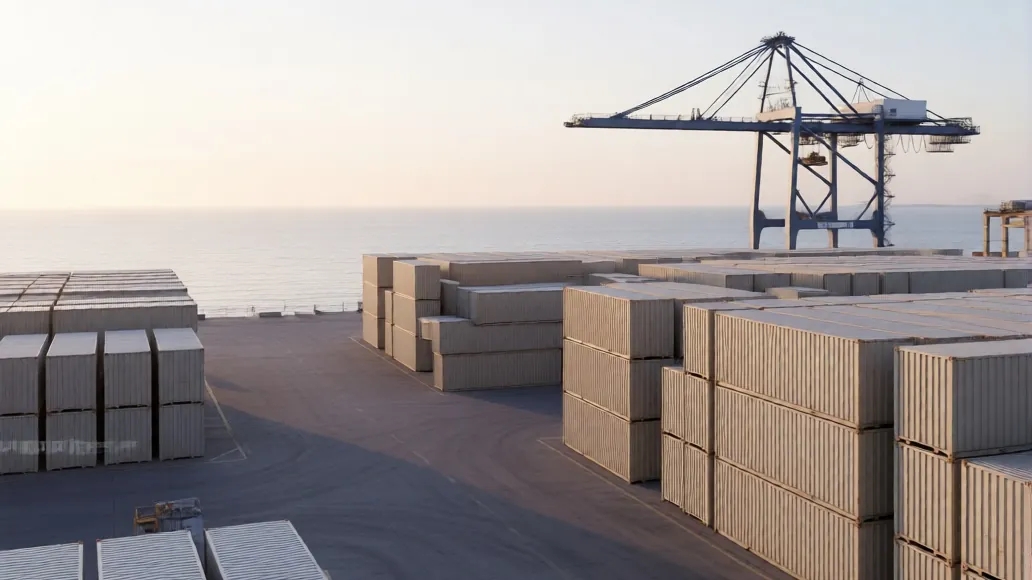 Terminal à conteneurs d'un port marocain au lever du jour, une grue face à la mer