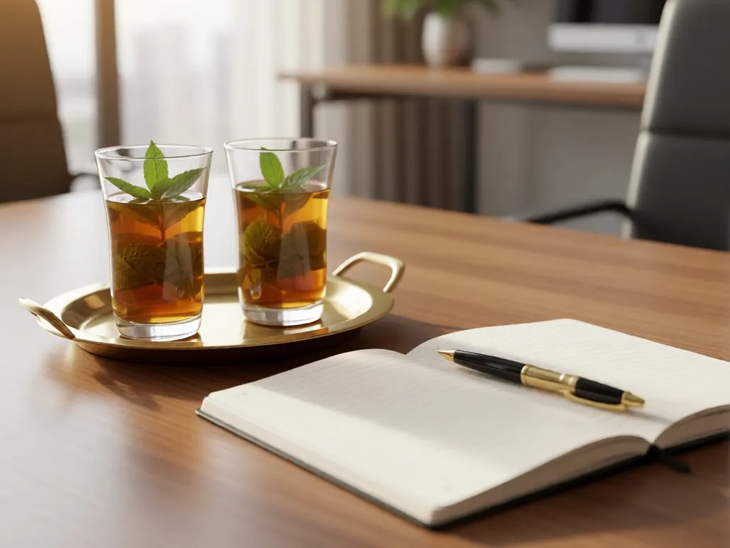 Deux verres de thé à la menthe près d'un carnet ouvert, sur une table de réunion