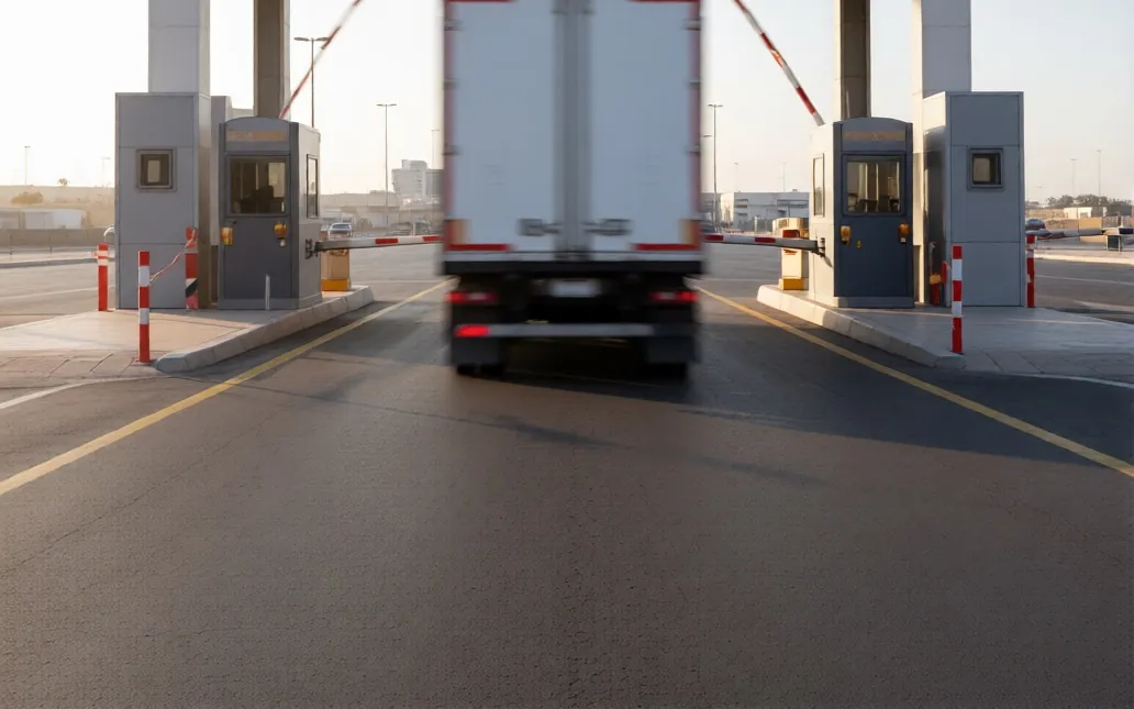 Camion franchissant un poste de contrôle aux barrières levées